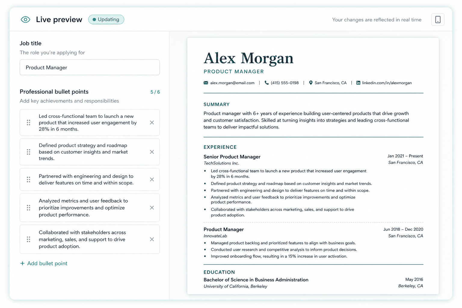 Live preview updating beside the resume editor