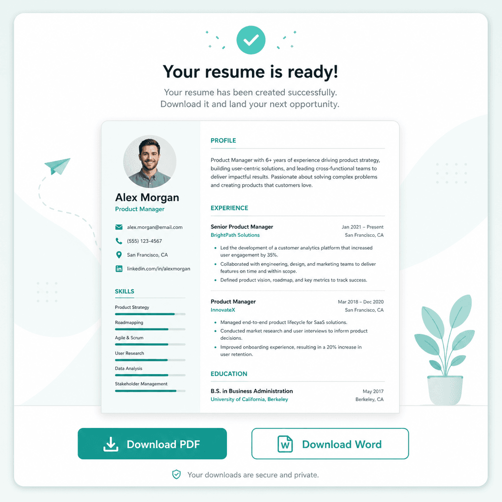 Download a polished resume as PDF or Word