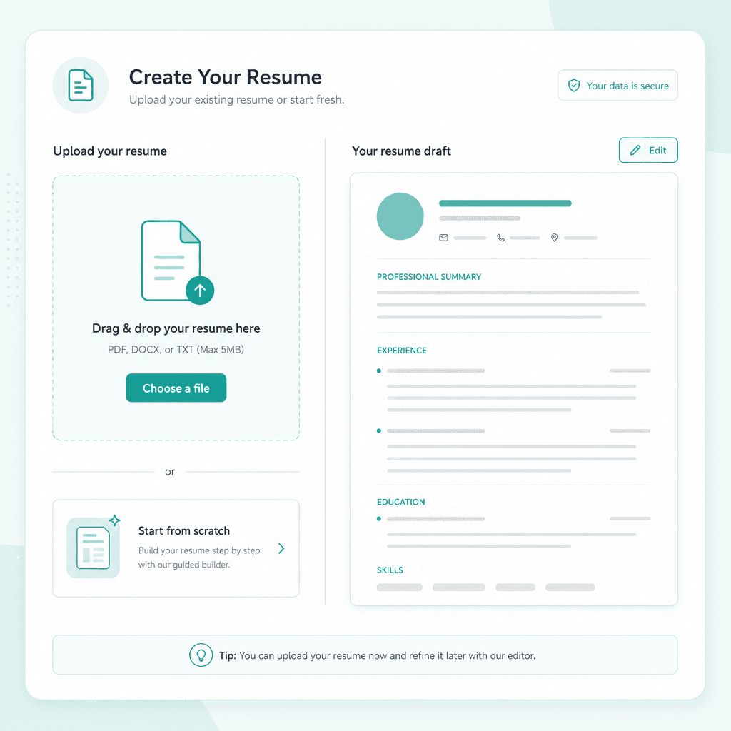 Upload a resume or start from scratch in the editor