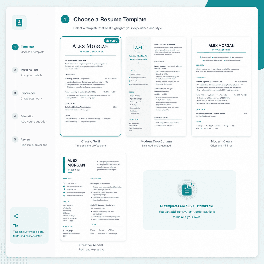 Choose a resume template from a clean template picker